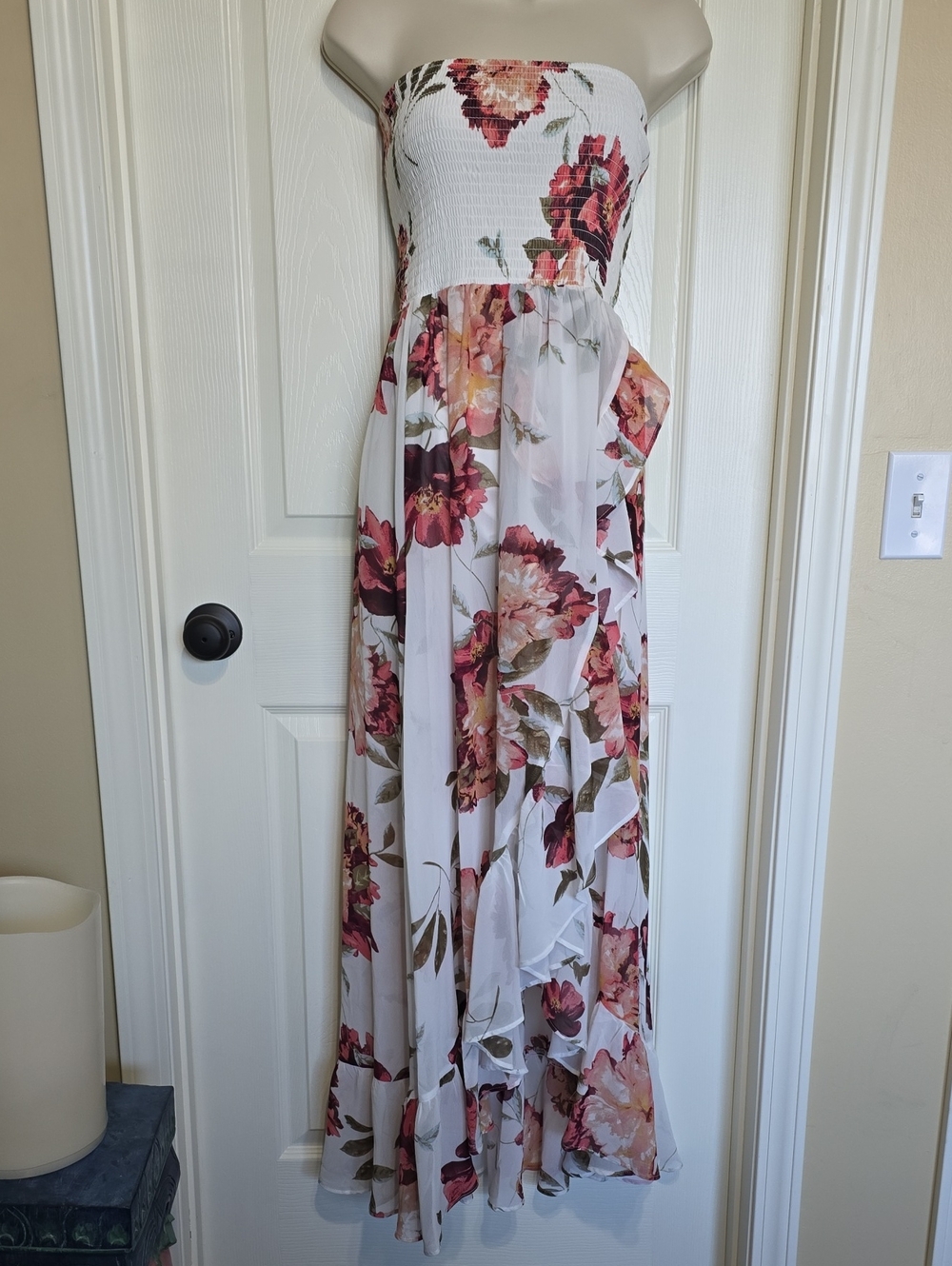 VENUS Strapless Floral Maxi Dress in White, Pink & Burgundy